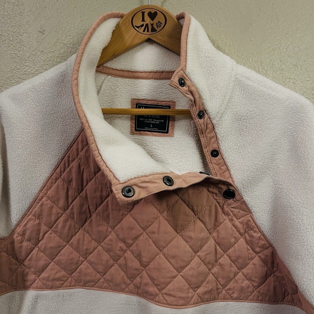Abercrombie Fitch Asymmetrical Snap Up Fleece Quilted White Pink Cozy Y2K Sz L - Picture 3 of 6